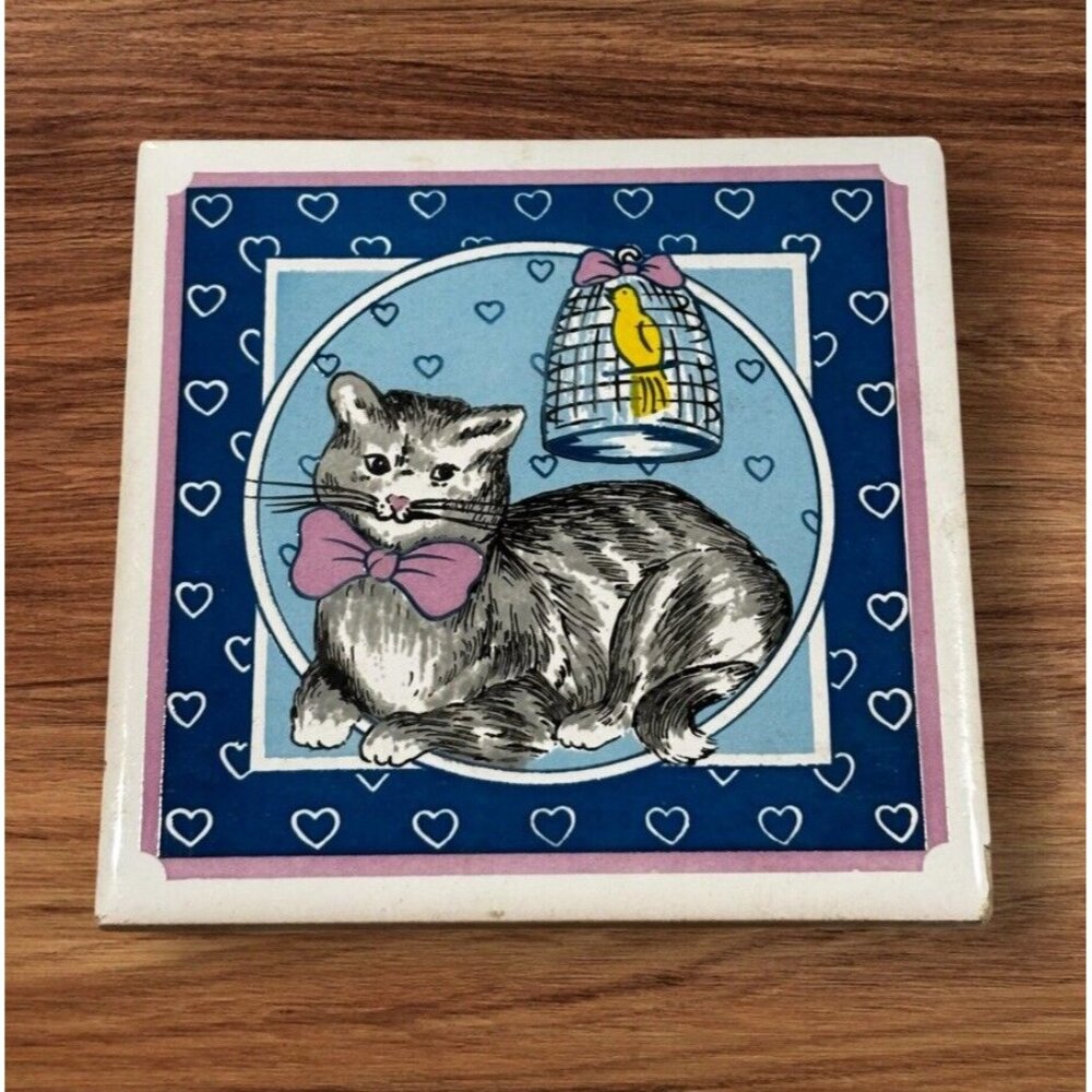 Vintage 80s Cat Tile Trivet Decor Trinket Gray White Stripe Blue Hearts